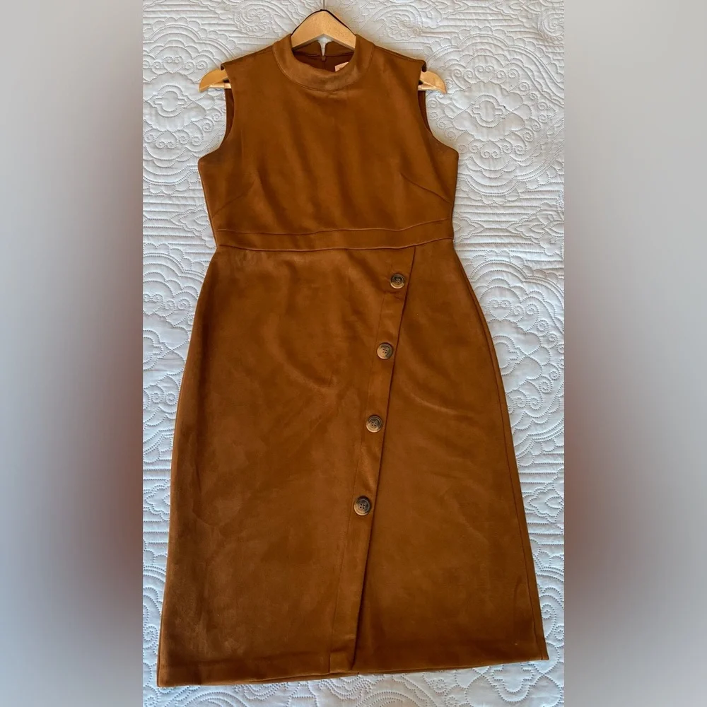 Emma & Michele Cognac Brown Mock Neck Faux Suede Fitted Dress - Picture 1 of 5